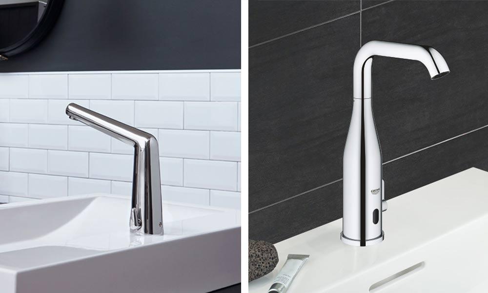 Oras Inspira berøringsfri håndvaskarmatur (ve.) og Grohe Essence berøringsfri håndvaskarmatur (hø.) Oras Inspira berøringsfri håndvaskarmatur (ve.) og Grohe Essence berøringsfri håndvaskarmatur (hø.)