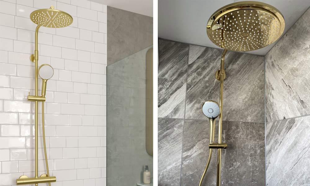 Damixa Silhouet brusesæt (ve.) og GROHE Euphoria Gold brusesæt (hø.) Damixa Silhouet brusesæt (ve.) og GROHE Euphoria Gold brusesæt (hø.)