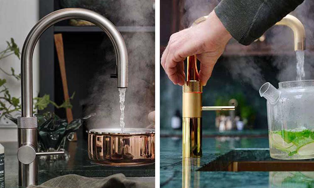 Quooker Flex i rustfrit stål (ve.) og Quooker Fusion Square i guld (hø.) Quooker Flex i rustfrit stål (ve.) og Quooker Fusion Square i guld (hø.)